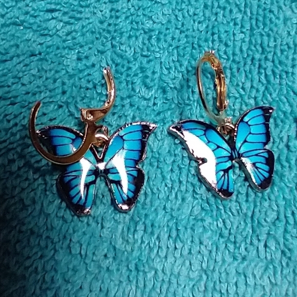 Goldtone blue butterfly wire dangle pierced earrings - Picture 3 of 3